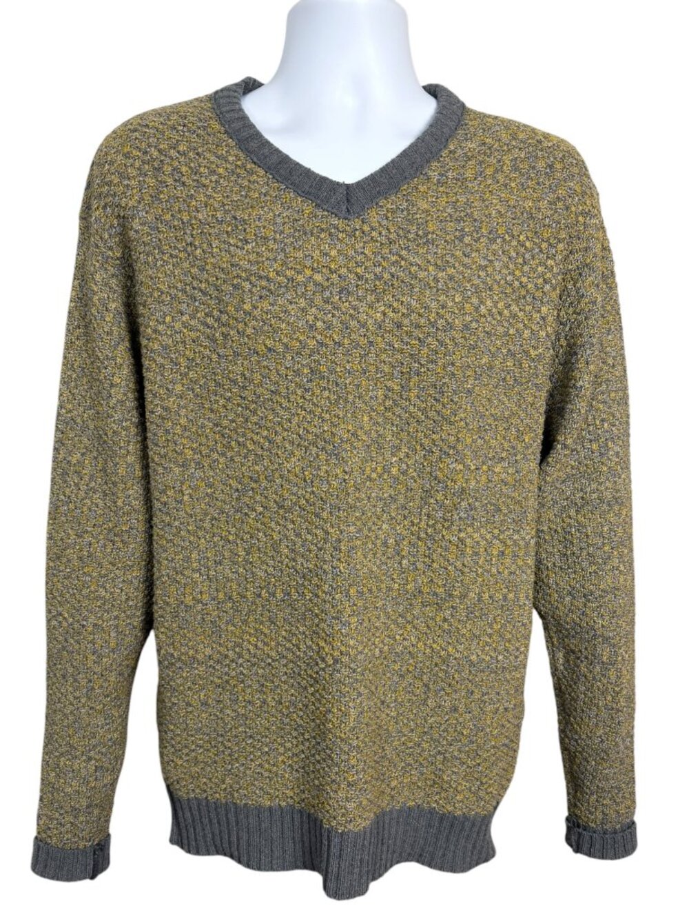 Territory Ahead V-Neck Sweater Men's M Chunky Knit Gold Gray USA Grandpa